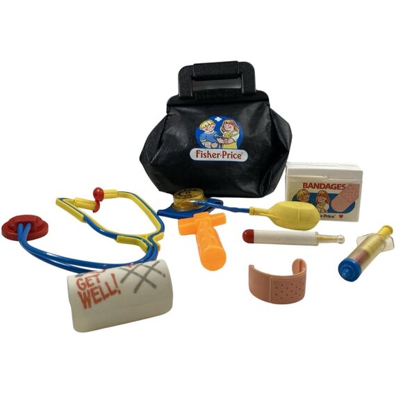 Fisher Price Medical Kit Toy Doctor Set Black Bag Tools Stethoscope Bandage 1987 - Picture 1 of 16